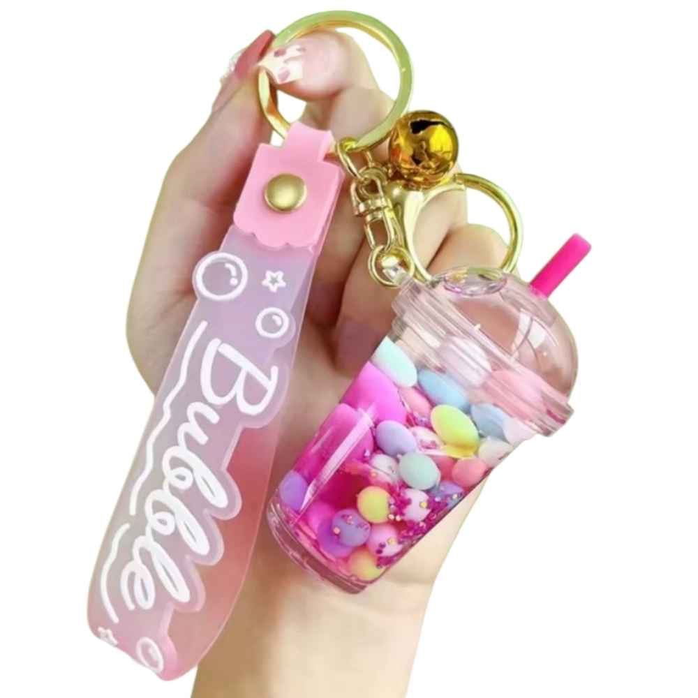 Pink Pearl Bubble Milk Tea Keychain with Gold Accents Boba Drink Purse Charm